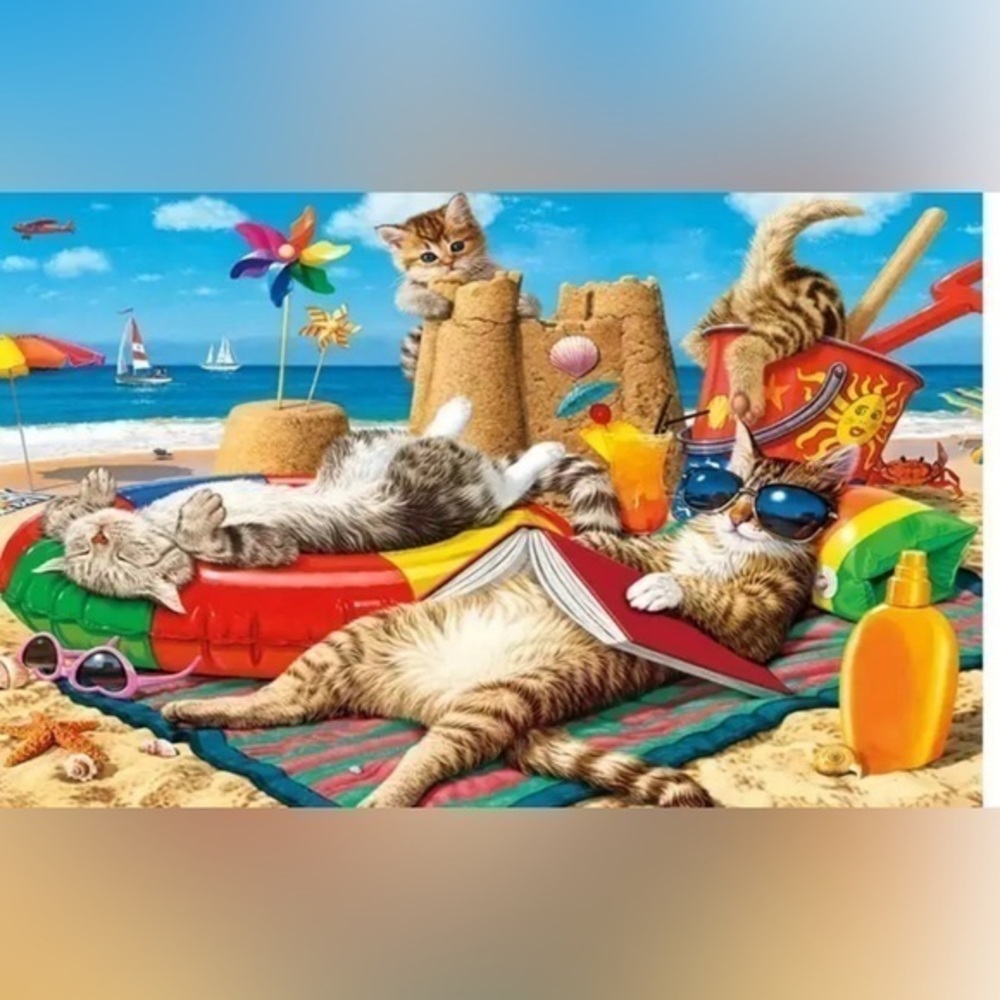 5D DIY Diamond Painting Kit Cool Cat at Beach Full Drill Round Acrylic Diamonds